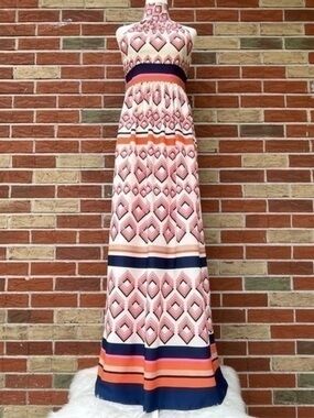 Eliza J Geometric Print White Pink Multicolor Boho Halter Maxi Dress 👗